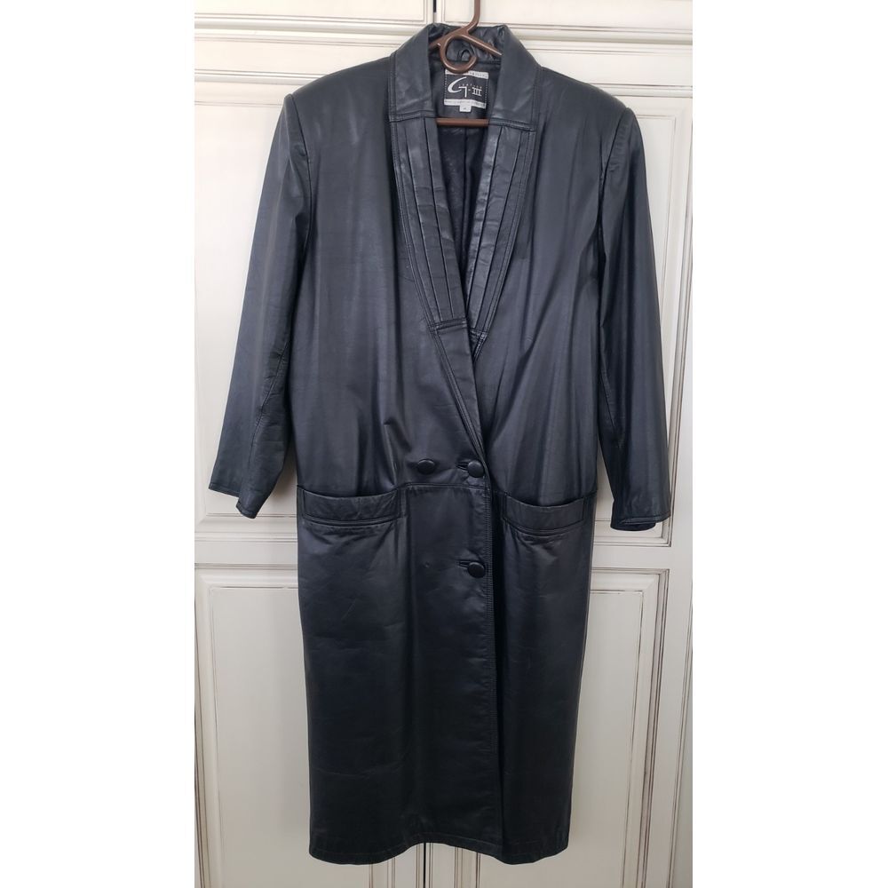 Women's Vtg Global‎ Identity Long Leather Coat Black M GIII Working Girl Funky